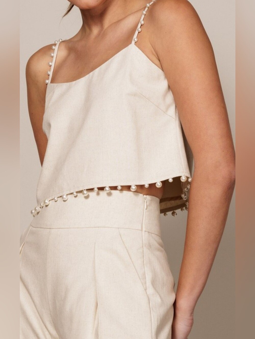 #103224 🛑L Pearl-Trimmed Linen Blend Crop Top ONLY